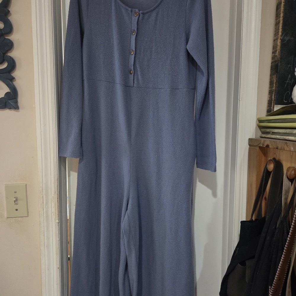 Three Bird Nest Cozy Long-Sleeve Henley Jumpsuit in Dusty Blue